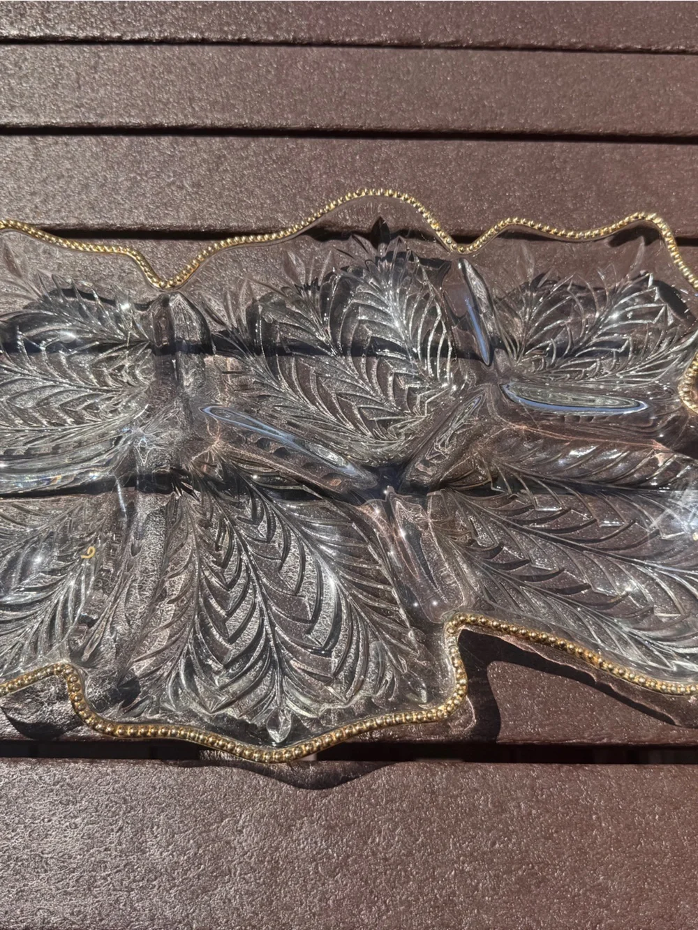 Clear Glass Leaf Serving Tray with Gold Beaded Rim